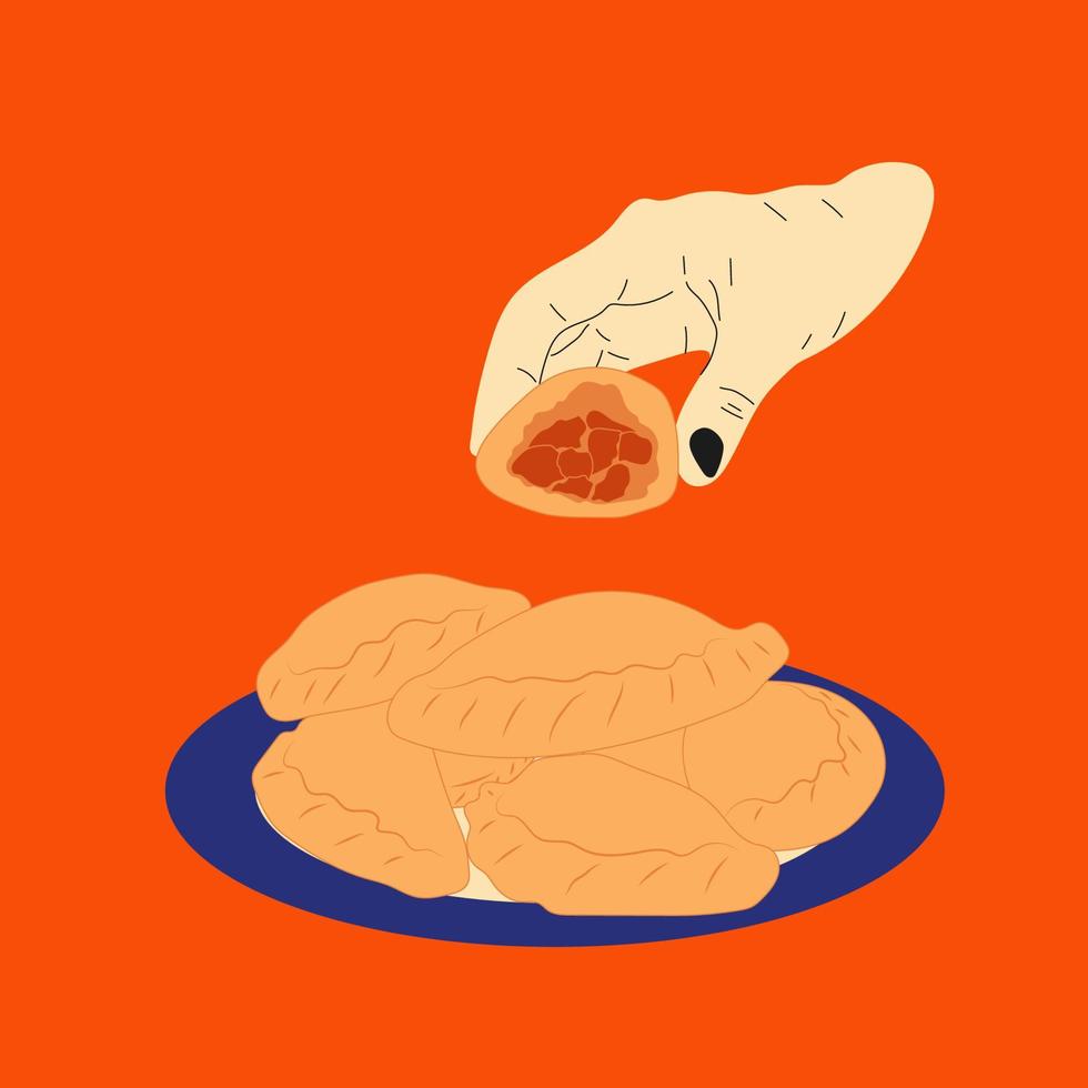 hand- houdt empanada. Latijns Amerikaans voedsel empanadas in bord. vector in tekenfilm stijl. allemaal elementen zijn geïsoleerd