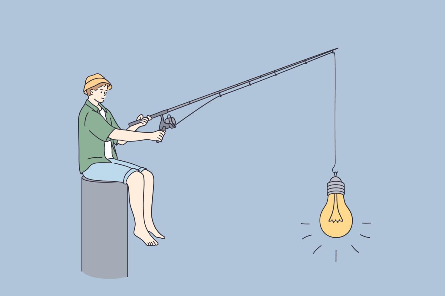 innovatie, nieuw ideeën, opstarten bedrijf concept. jong jongen in pet tekenfilm karakter zittend en visvangst licht lamp met nieuw vernieuwend idee alleen vector illustratie