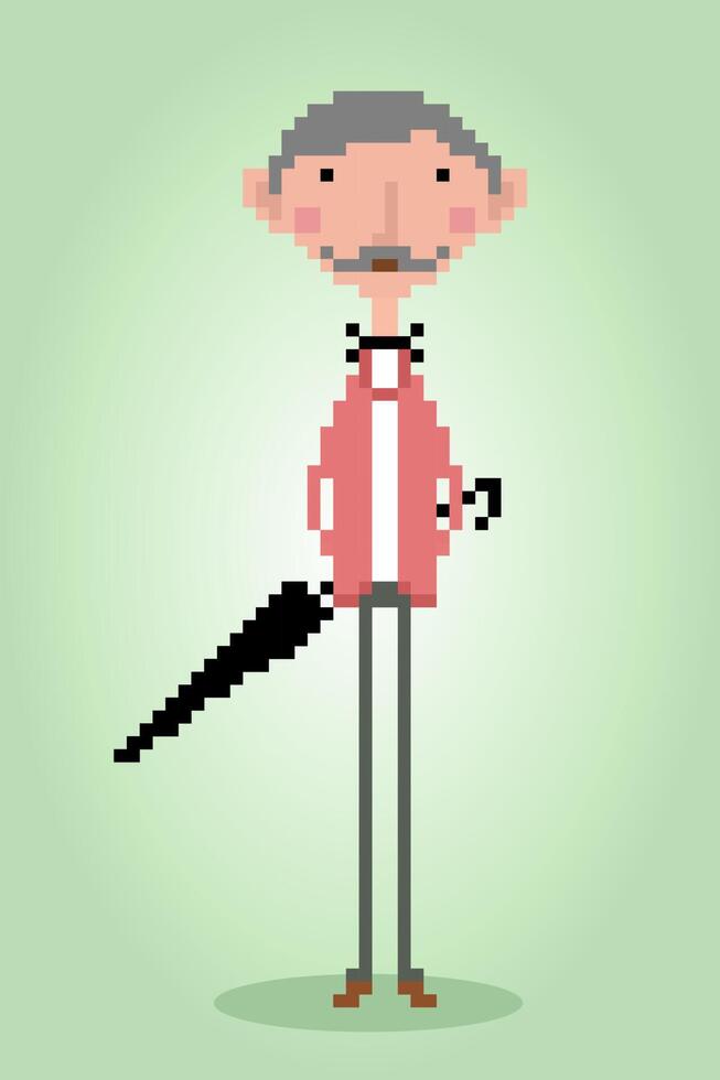 8 bit pixels opa draagt paraplu. mens voor game-items en kruissteekpatronen in vectorillustraties. vector