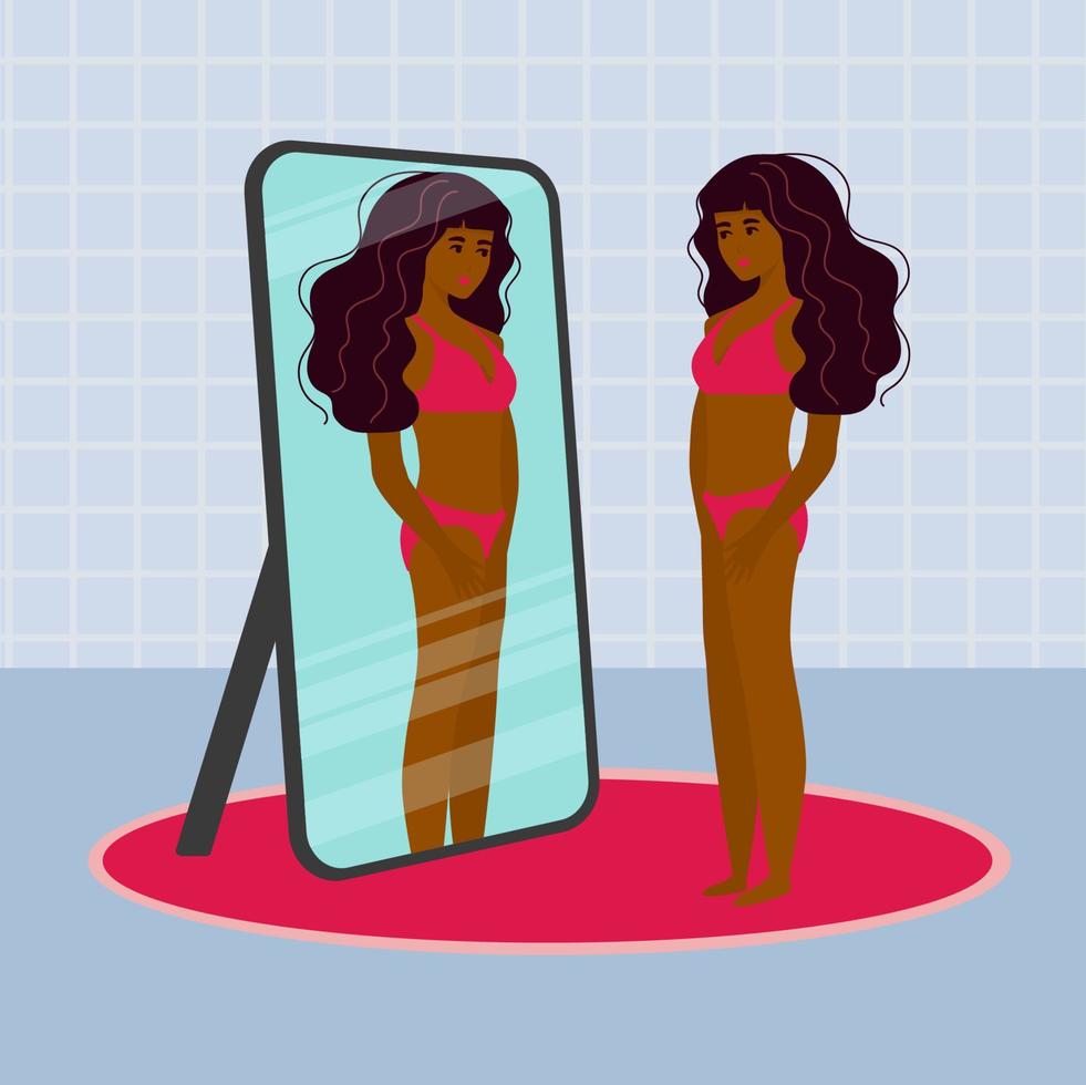afro Amerikaans vrouw staand en op zoek in spiegel. vlak stijl vector illustratie.