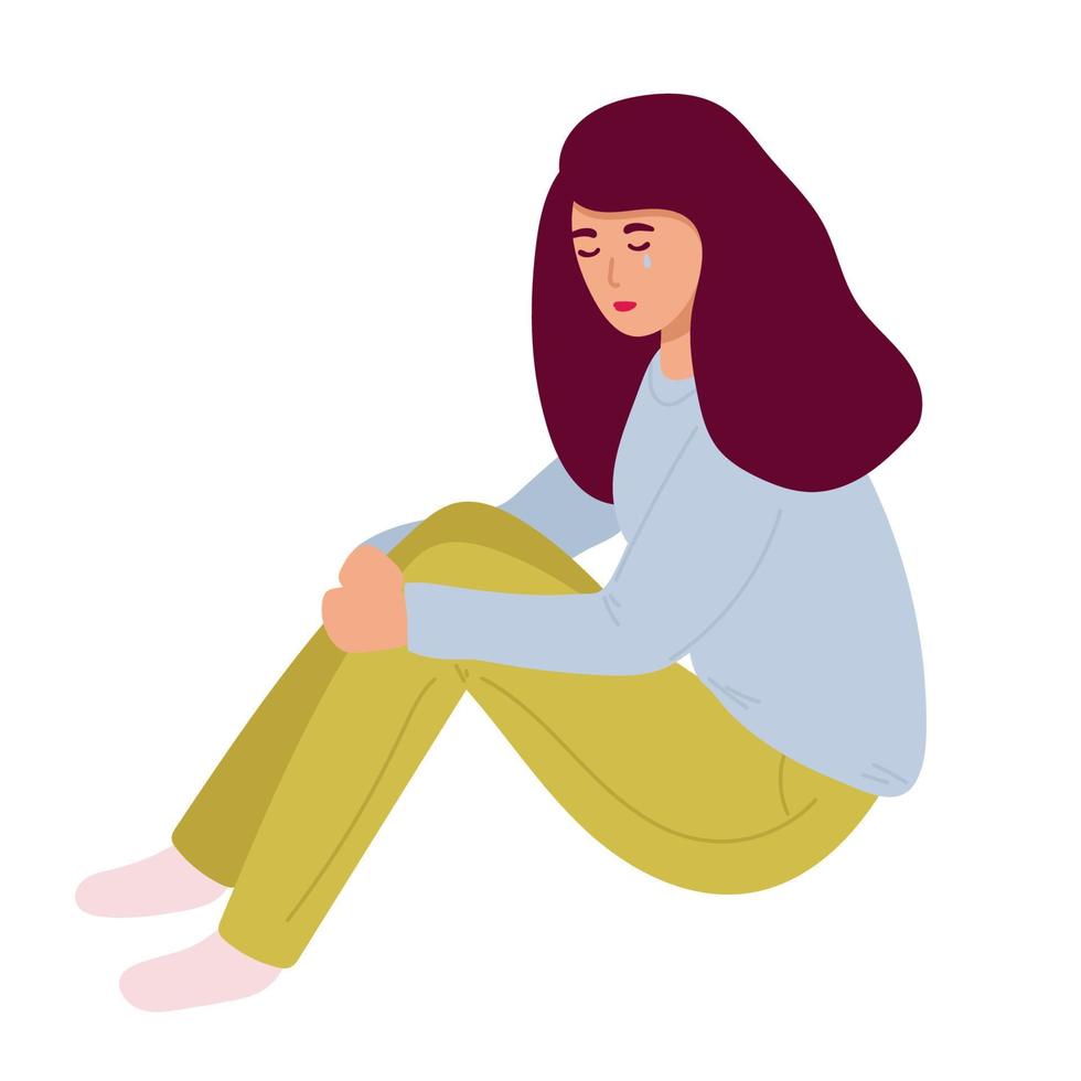 eenzaam jong meisje zittend Aan verdieping . verdrietig kind is huilen. vrouw karakter voelt depressie, leed, rouw. concept van mentaal wanorde of ziekte. vector illustratie.