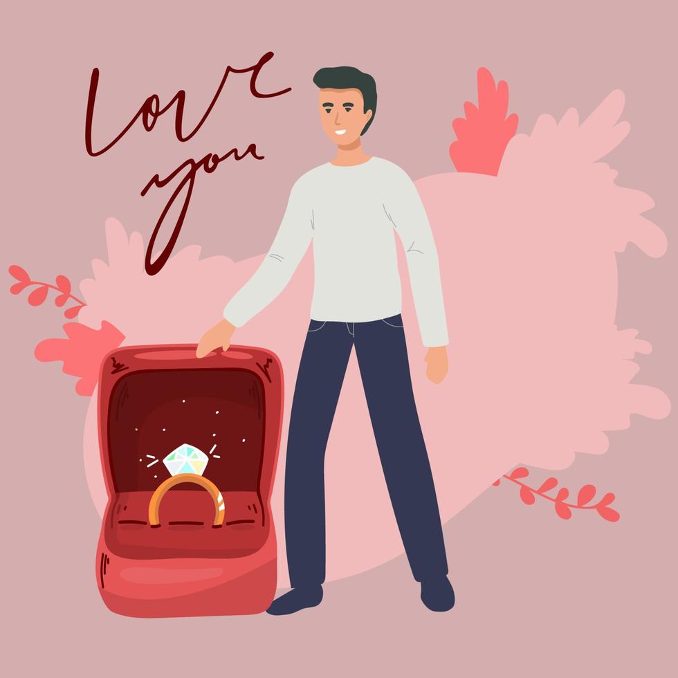 jong Mens staand Aan met ring in hand- maken voorstel naar vrouw vragen haar trouwen hem geïsoleerd Aan wit achtergrond. verloving, liefde, liefhebbend relaties concept. tekenfilm vlak vector illustratie.