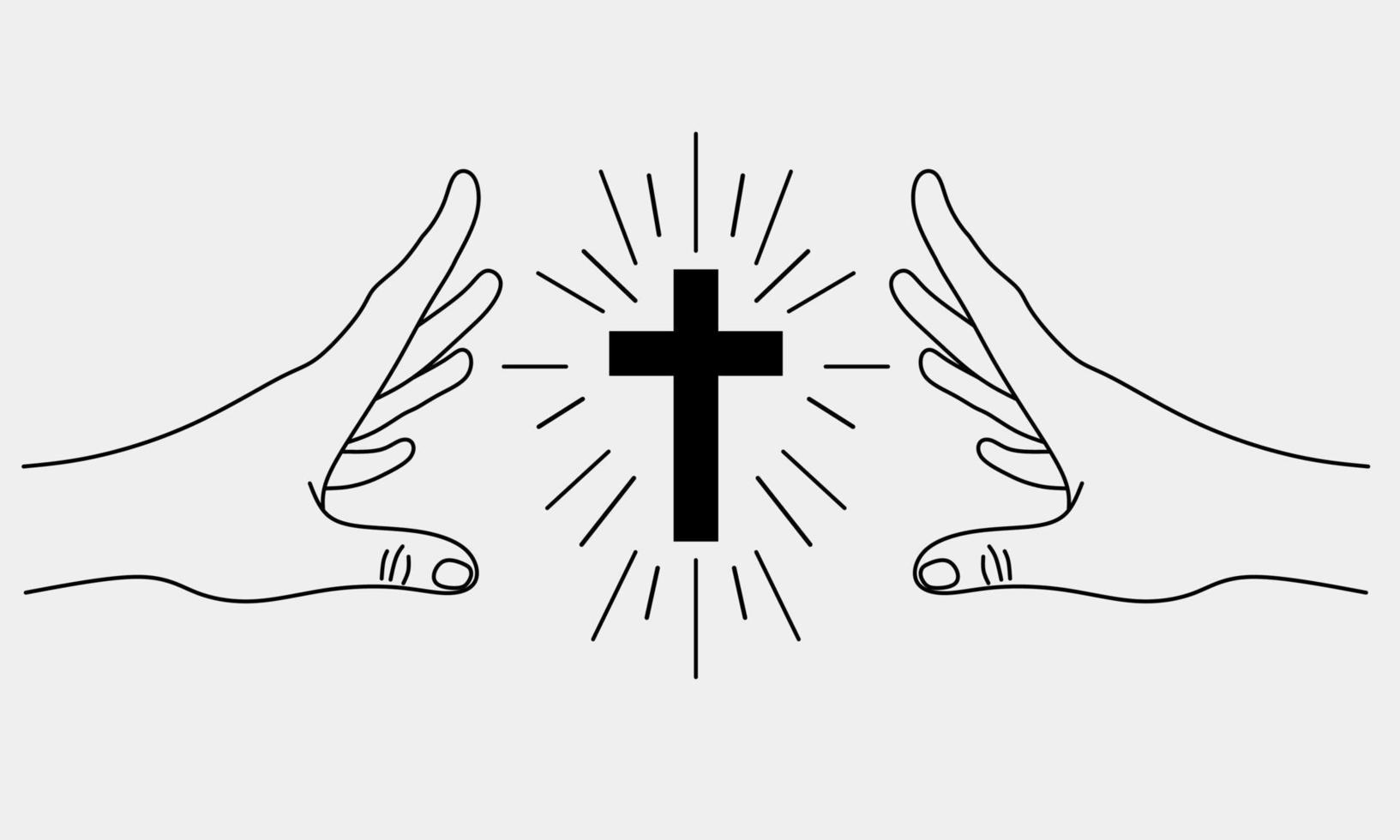 handen en kruis mininal lijn kunst tekening stijl. vertrouwen, geest, christelijk, Katholiek vector ontwerp element