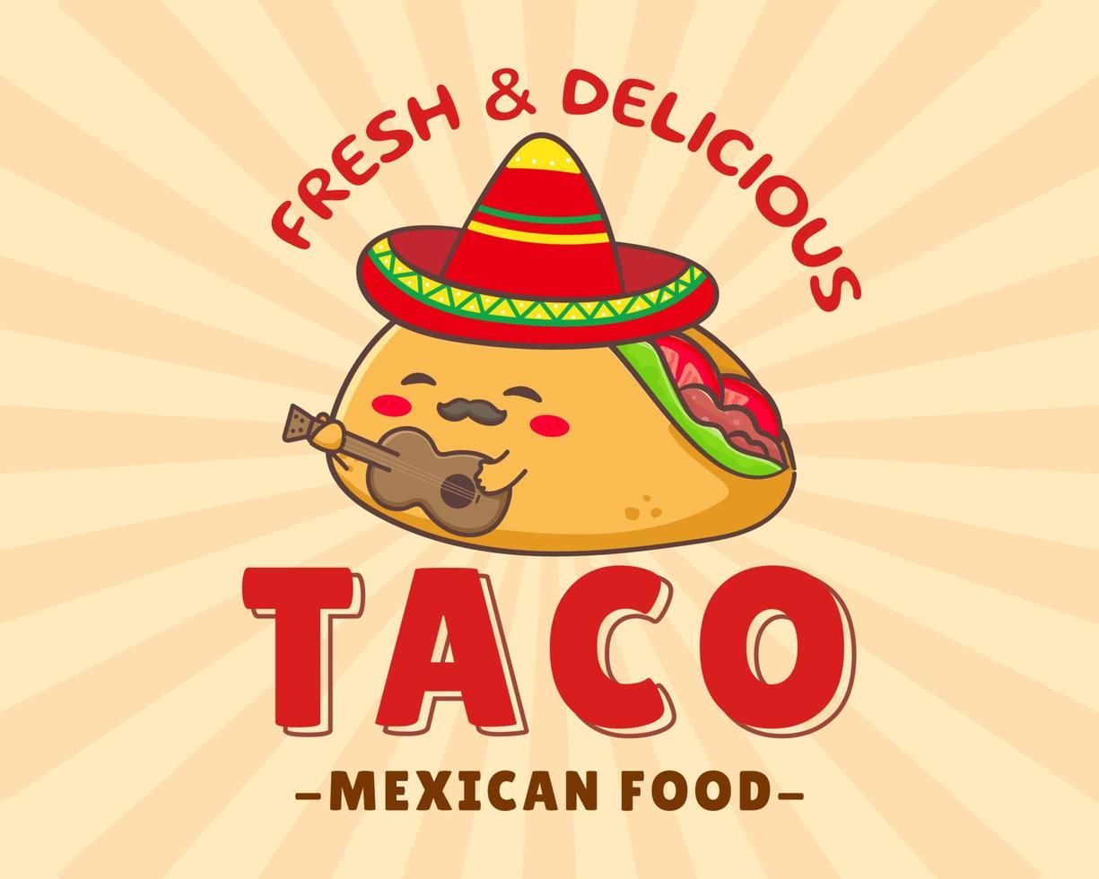 taco met vlees en groente, gitaar en sombrero. traditioneel Latijns Amerikaans Mexicaans Fast food. taco's logo icoon sticker voedsel concept. wijnoogst retro vlak tekenfilm stijl. cinco de mayo vector