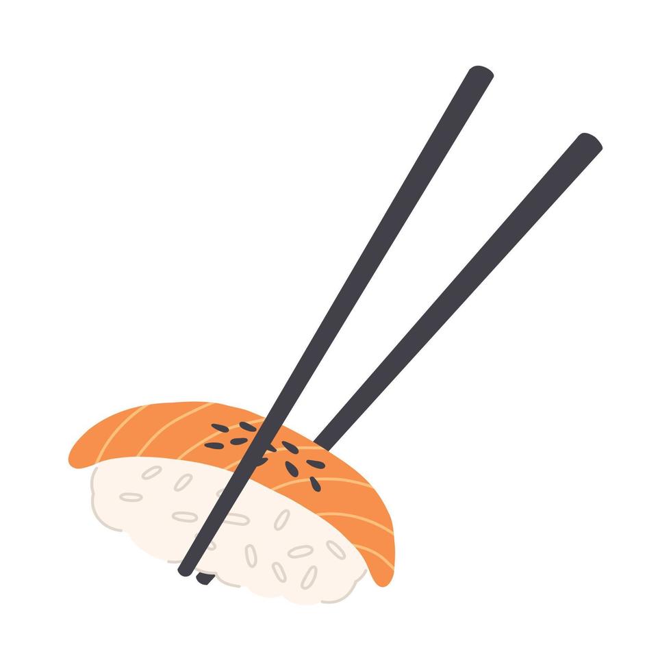 rijstwijn nigiri sushi schotel met eetstokjes. traditioneel Japans Aziatisch voedsel vlak illustratie Aan geïsoleerd wit achtergrond vector