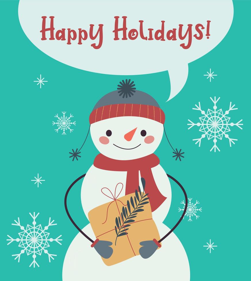 gelukkig vakantie, Kerstmis kaart, grappig sneeuwman met geschenk vector