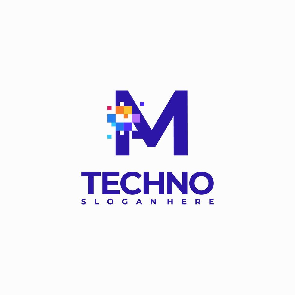 m pixel brief logo ontwerp sjabloon, pixel technologie logo symbool concept vector