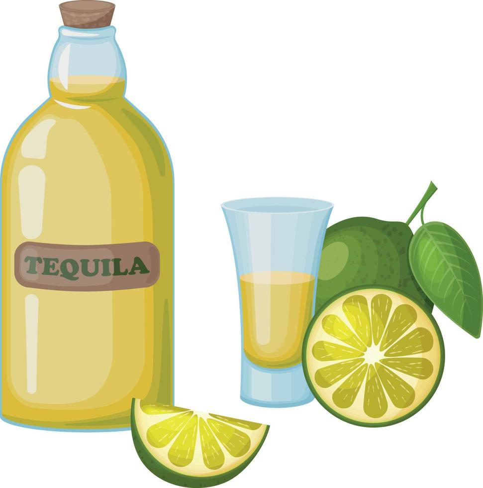 tequila. een fles van tequila, een schot van tequila en limoen. samenstelling met alcohol en limoen. vector illustratie geïsoleerd Aan een wit achtergrond