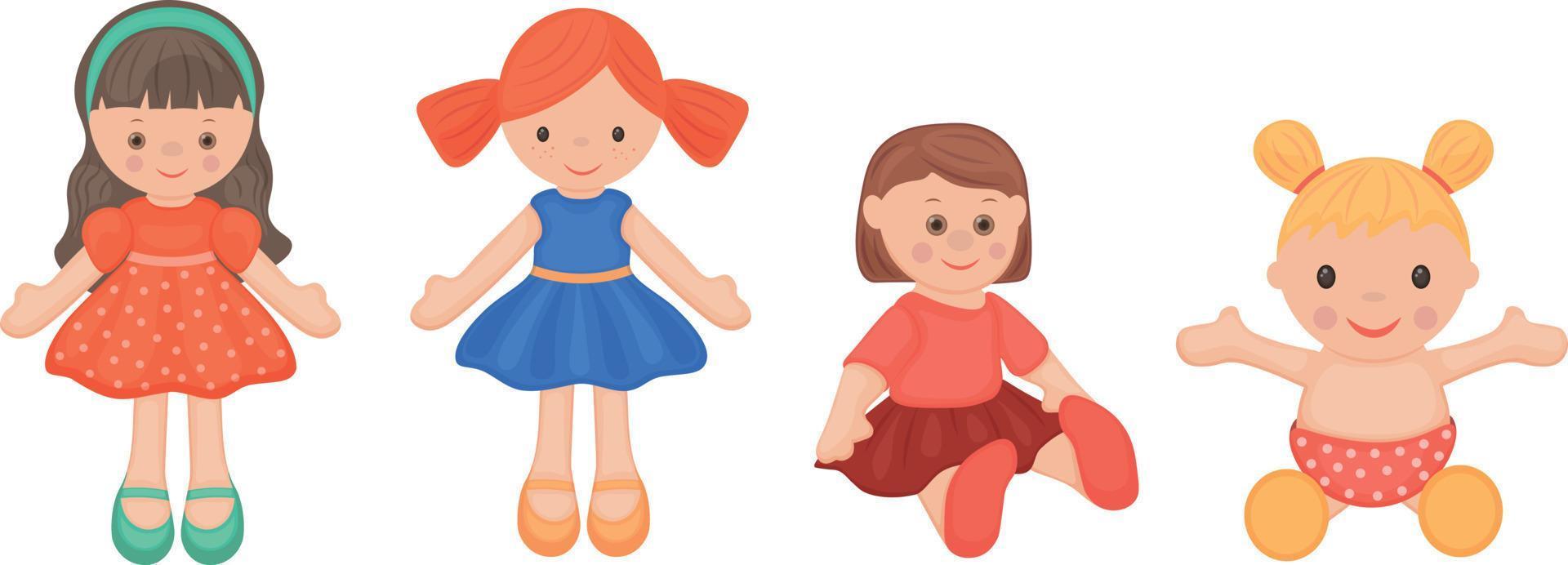 poppen. verzameling van poppen. kinderen s speelgoed set, poppen in jurken. vector illustratie