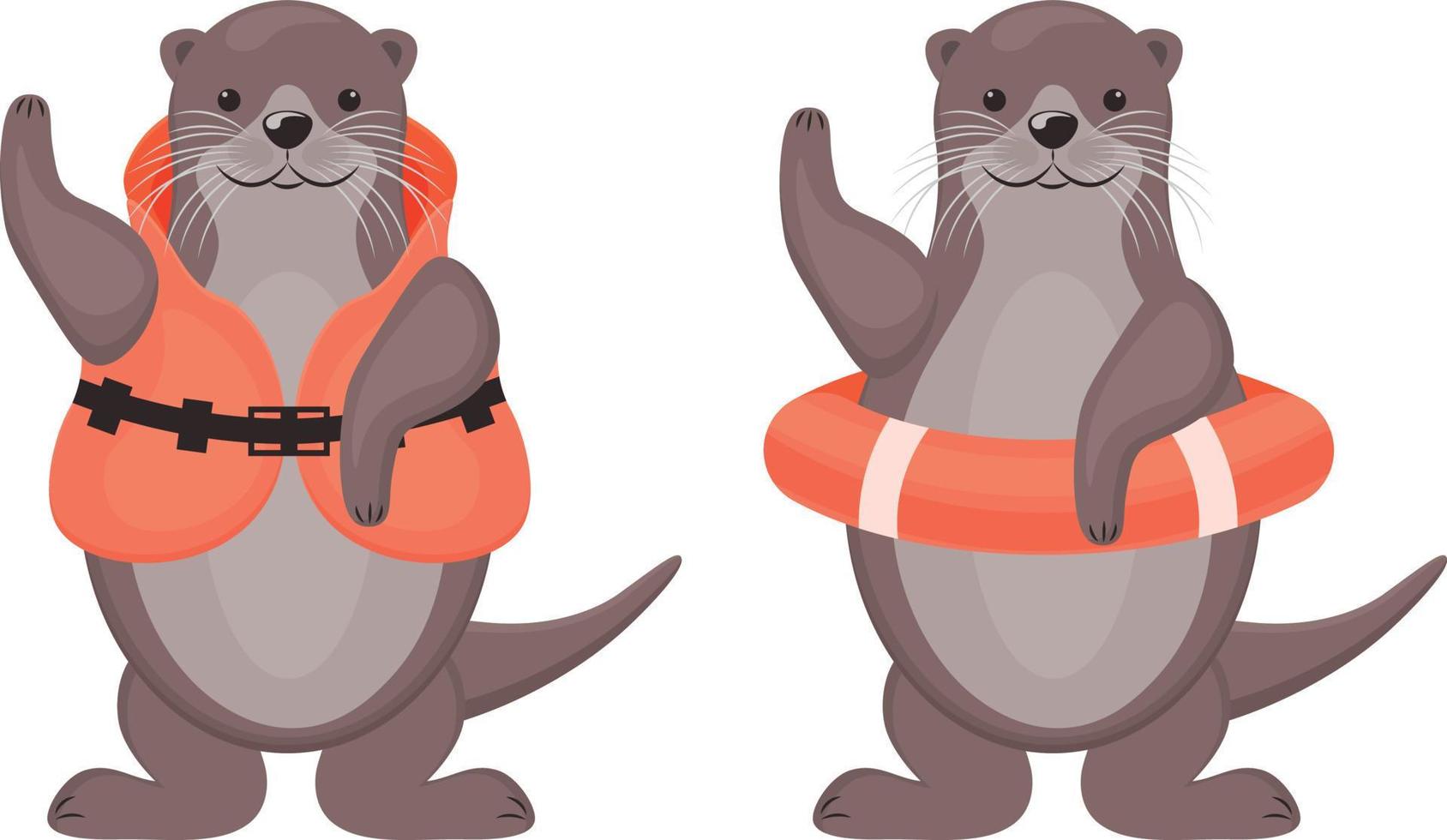 otters. twee schattig otters in een leven jasje en een reddingsboei. schattig Otter dieren. vector illustratie