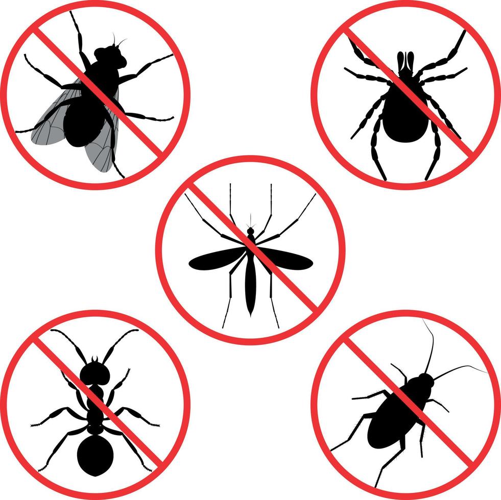 een verzameling van verbiedend tekens. hou op de vlieg, kakkerlak, Kruis aan, hou op de mier, hou op de mug.gekruist uit waarschuwing teken over insect parasieten. vector illustratie