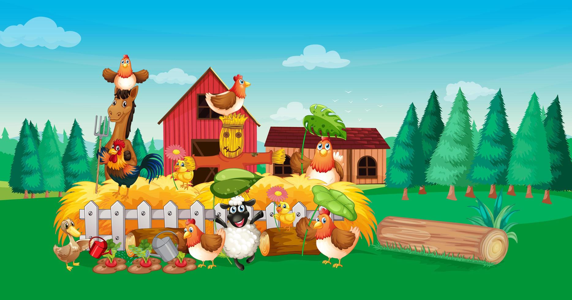 boerderij scène met cartoon stijl van dierenboerderij vector