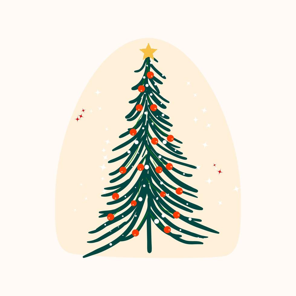 versierd Kerstmis boom met Kerstmis ballen en sterren hand- getrokken vlak illustratie Aan wit achtergrond vector