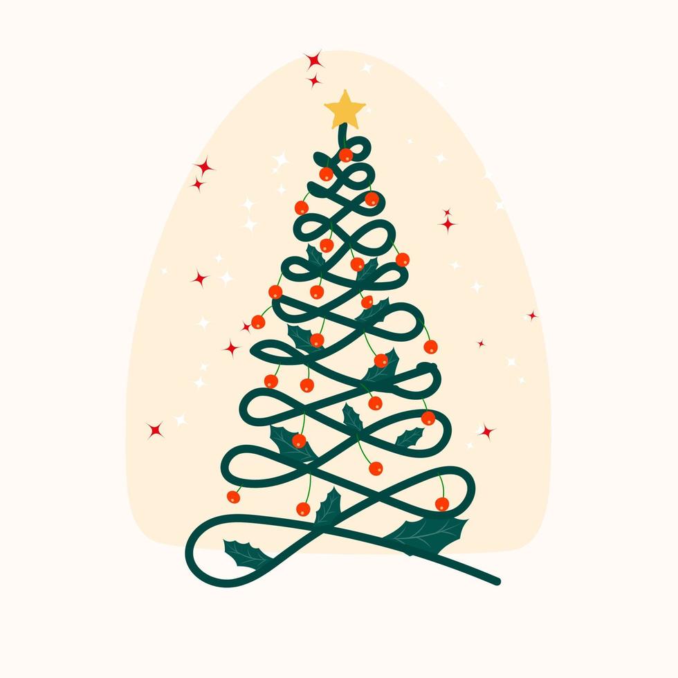 versierd Kerstmis boom met Kerstmis ballen en sterren hand- getrokken vlak illustratie Aan wit achtergrond vector