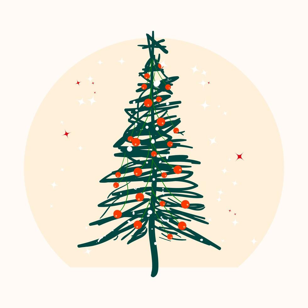 versierd Kerstmis boom met Kerstmis ballen en sterren hand- getrokken vlak illustratie Aan wit achtergrond vector