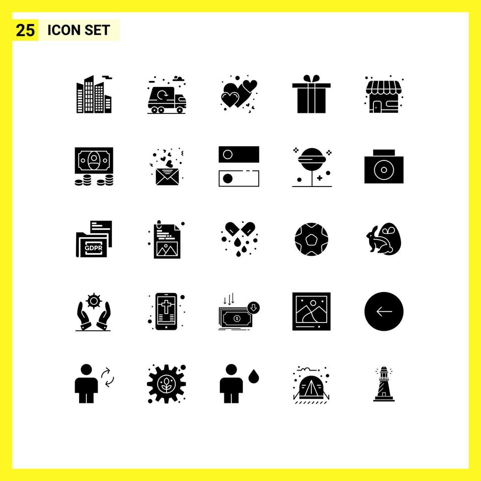 solide glyph pak van 25 universeel symbolen van op te slaan markt op te slaan liefde markt geschenk bewerkbare vector ontwerp elementen