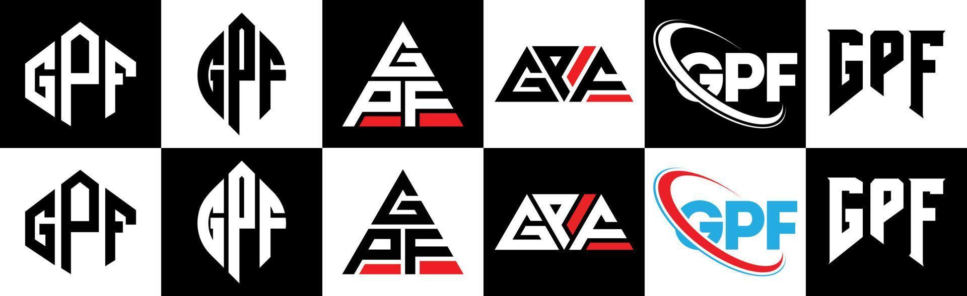 gpf brief logo ontwerp in zes stijl. gpf veelhoek, cirkel, driehoek, zeshoek, vlak en gemakkelijk stijl met zwart en wit kleur variatie brief logo reeks in een tekengebied. gpf minimalistische en klassiek logo vector