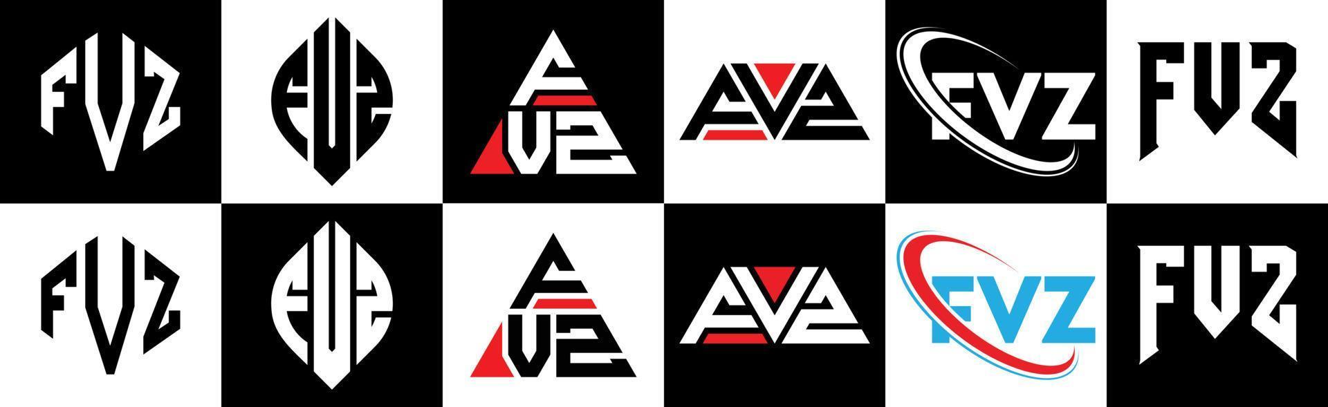 fvz brief logo ontwerp in zes stijl. fvz veelhoek, cirkel, driehoek, zeshoek, vlak en gemakkelijk stijl met zwart en wit kleur variatie brief logo reeks in een tekengebied. fvz minimalistische en klassiek logo vector