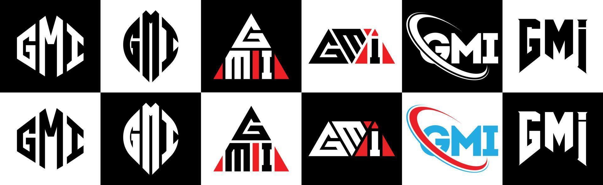 gmi brief logo ontwerp in zes stijl. gmi veelhoek, cirkel, driehoek, zeshoek, vlak en gemakkelijk stijl met zwart en wit kleur variatie brief logo reeks in een tekengebied. gmi minimalistische en klassiek logo vector