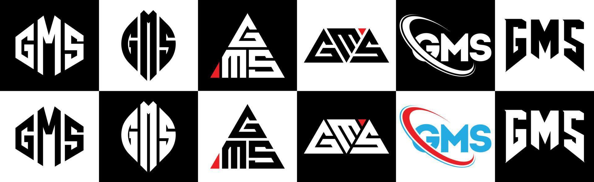 gms brief logo ontwerp in zes stijl. gms veelhoek, cirkel, driehoek, zeshoek, vlak en gemakkelijk stijl met zwart en wit kleur variatie brief logo reeks in een tekengebied. gms minimalistische en klassiek logo vector