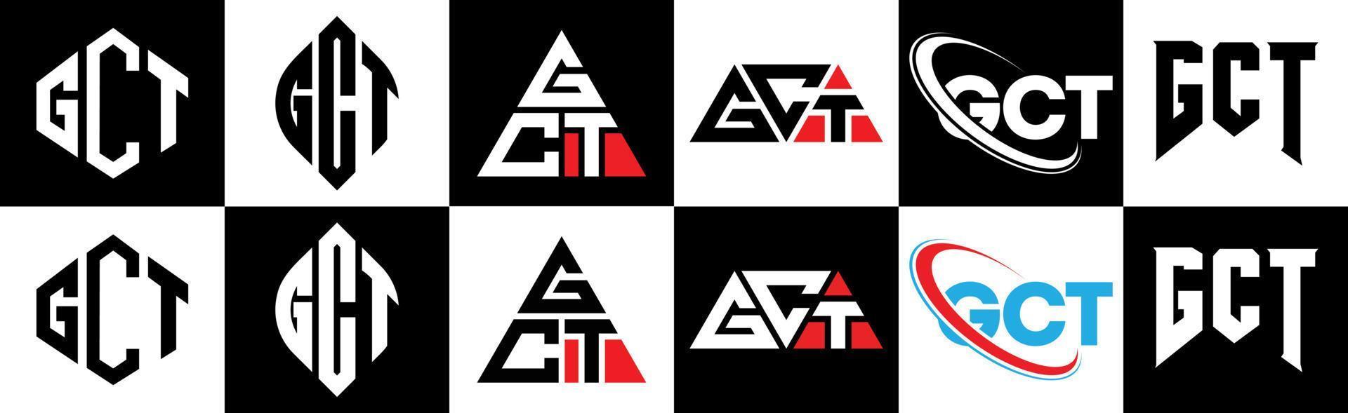 gct brief logo ontwerp in zes stijl. gct veelhoek, cirkel, driehoek, zeshoek, vlak en gemakkelijk stijl met zwart en wit kleur variatie brief logo reeks in een tekengebied. gct minimalistische en klassiek logo vector