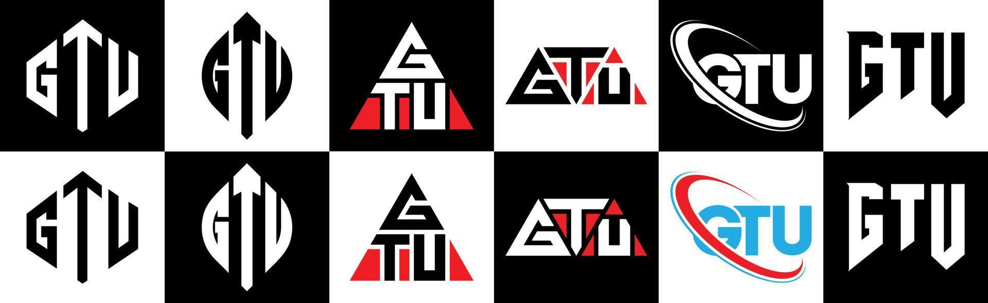 gtu brief logo ontwerp in zes stijl. gtu veelhoek, cirkel, driehoek, zeshoek, vlak en gemakkelijk stijl met zwart en wit kleur variatie brief logo reeks in een tekengebied. gtu minimalistische en klassiek logo vector