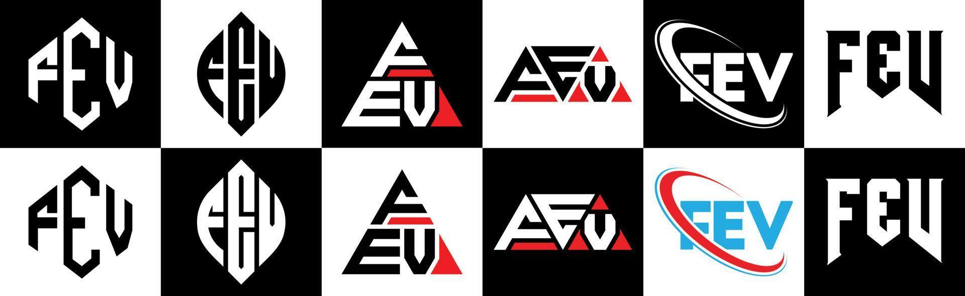 fev brief logo ontwerp in zes stijl. fev veelhoek, cirkel, driehoek, zeshoek, vlak en gemakkelijk stijl met zwart en wit kleur variatie brief logo reeks in een tekengebied. fev minimalistische en klassiek logo vector