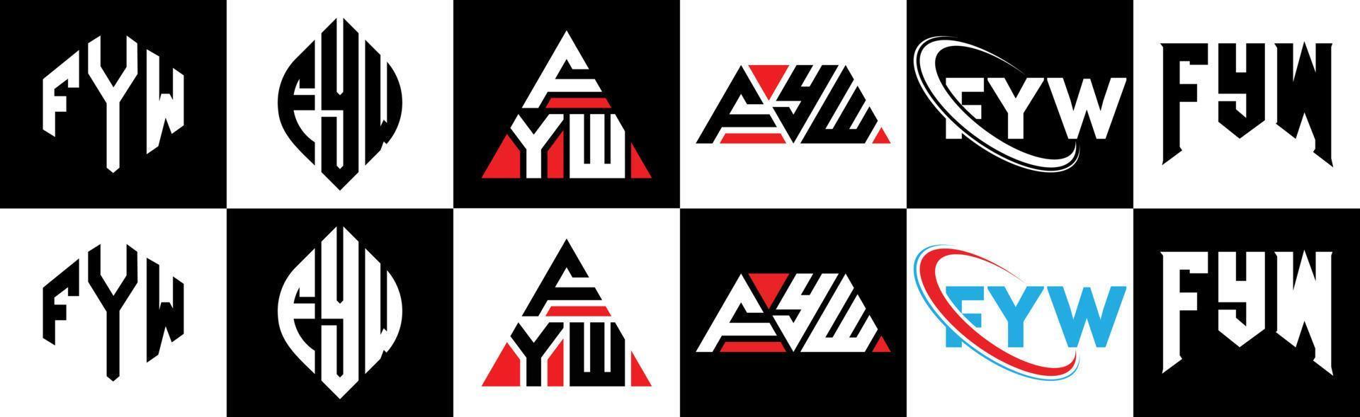 fyw brief logo ontwerp in zes stijl. fyw veelhoek, cirkel, driehoek, zeshoek, vlak en gemakkelijk stijl met zwart en wit kleur variatie brief logo reeks in een tekengebied. fyw minimalistische en klassiek logo vector