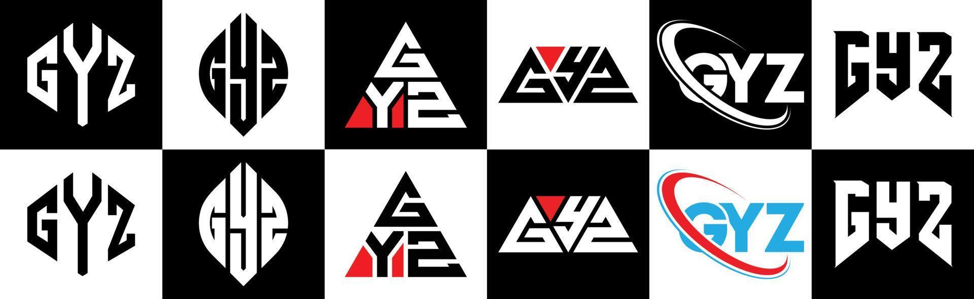gyz brief logo ontwerp in zes stijl. gyz veelhoek, cirkel, driehoek, zeshoek, vlak en gemakkelijk stijl met zwart en wit kleur variatie brief logo reeks in een tekengebied. gyz minimalistische en klassiek logo vector