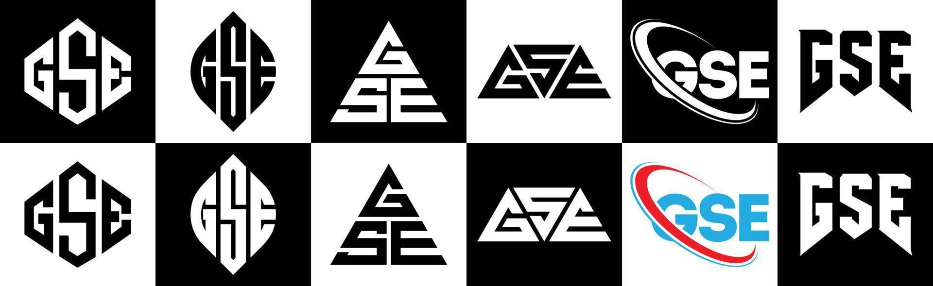 gse brief logo ontwerp in zes stijl. gse veelhoek, cirkel, driehoek, zeshoek, vlak en gemakkelijk stijl met zwart en wit kleur variatie brief logo reeks in een tekengebied. gse minimalistische en klassiek logo vector