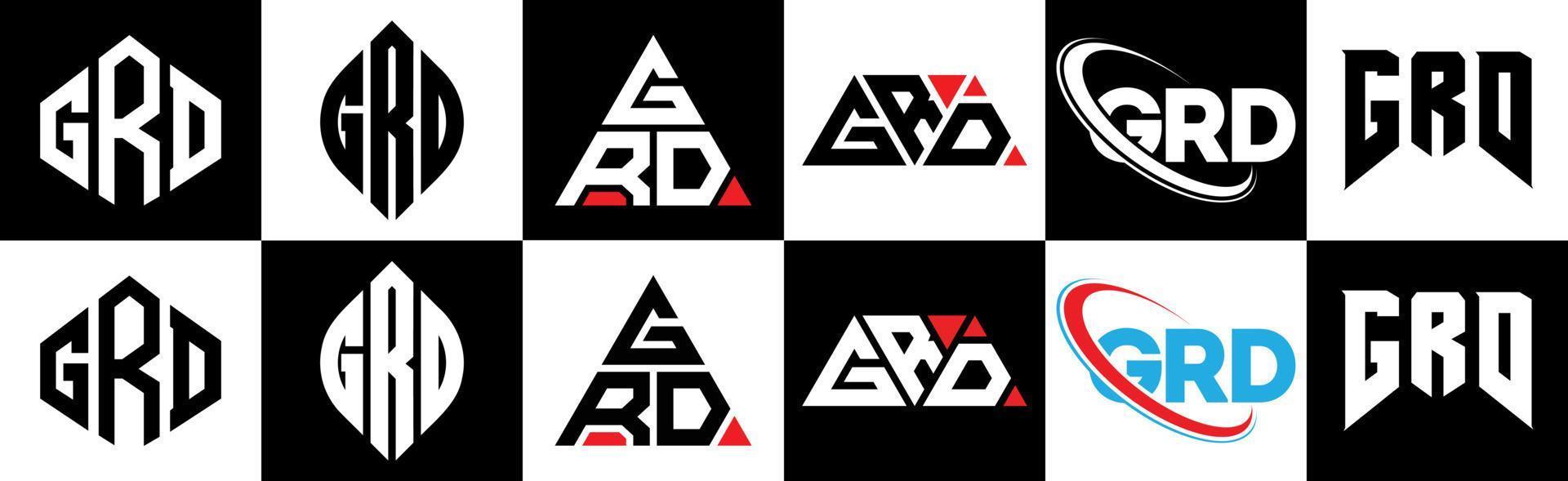 grd brief logo ontwerp in zes stijl. grd veelhoek, cirkel, driehoek, zeshoek, vlak en gemakkelijk stijl met zwart en wit kleur variatie brief logo reeks in een tekengebied. grd minimalistische en klassiek logo vector