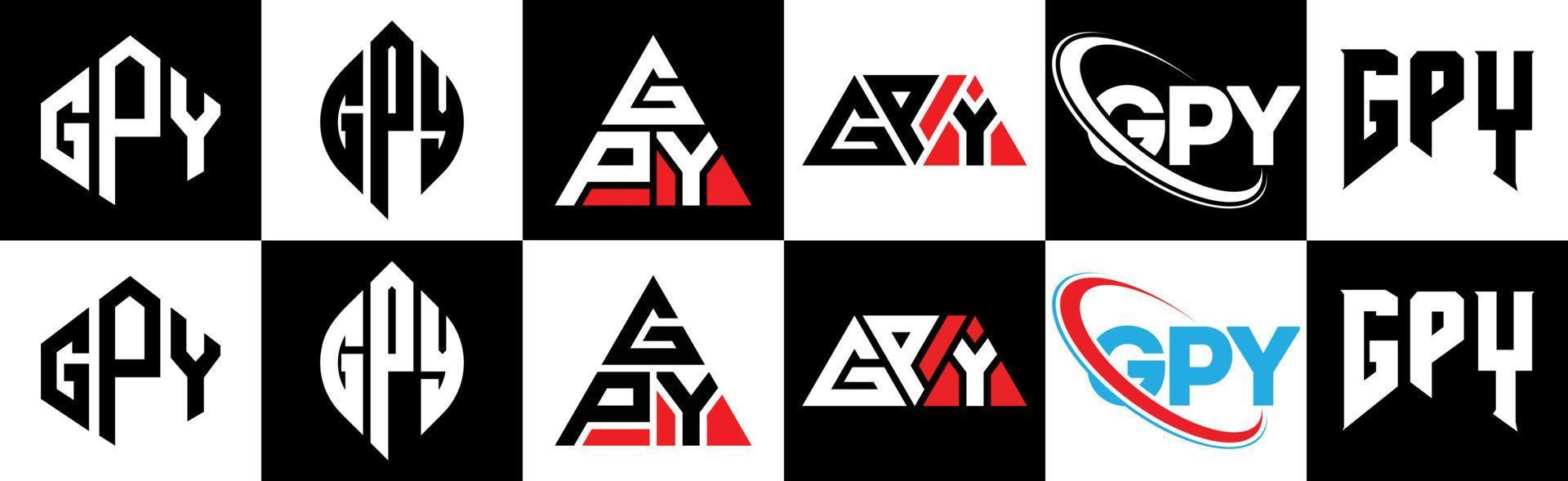 gpy brief logo ontwerp in zes stijl. gpy veelhoek, cirkel, driehoek, zeshoek, vlak en gemakkelijk stijl met zwart en wit kleur variatie brief logo reeks in een tekengebied. gpy minimalistische en klassiek logo vector