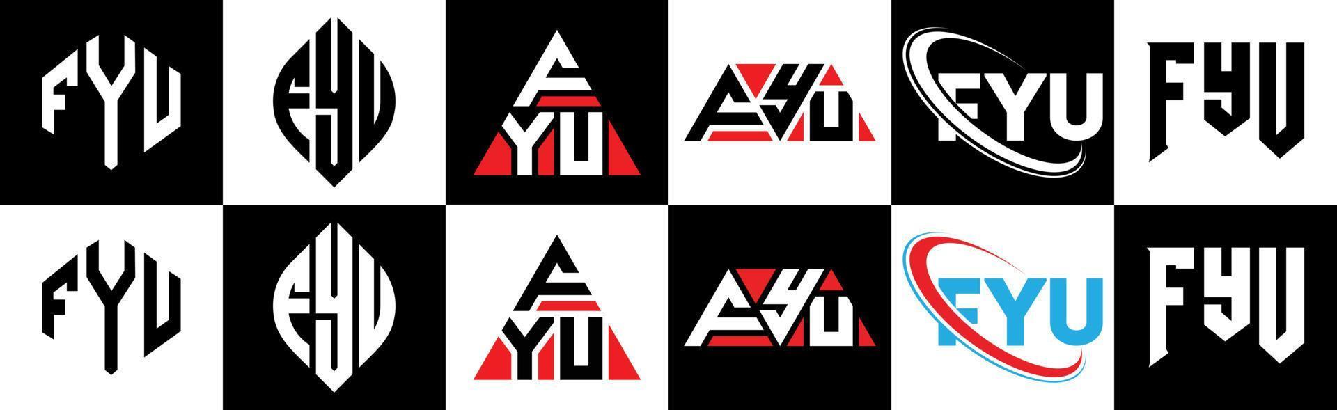 fyu brief logo ontwerp in zes stijl. fyu veelhoek, cirkel, driehoek, zeshoek, vlak en gemakkelijk stijl met zwart en wit kleur variatie brief logo reeks in een tekengebied. fyu minimalistische en klassiek logo vector