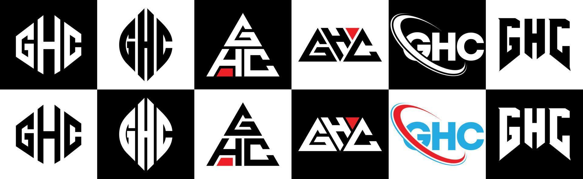 ghc brief logo ontwerp in zes stijl. ghc veelhoek, cirkel, driehoek, zeshoek, vlak en gemakkelijk stijl met zwart en wit kleur variatie brief logo reeks in een tekengebied. ghc minimalistische en klassiek logo vector