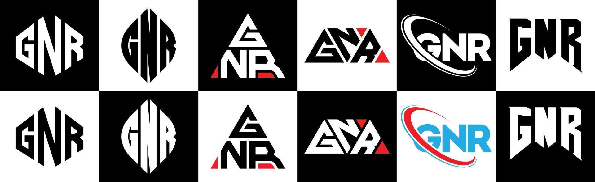 gnr brief logo ontwerp in zes stijl. gnr veelhoek, cirkel, driehoek, zeshoek, vlak en gemakkelijk stijl met zwart en wit kleur variatie brief logo reeks in een tekengebied. gnr minimalistische en klassiek logo vector