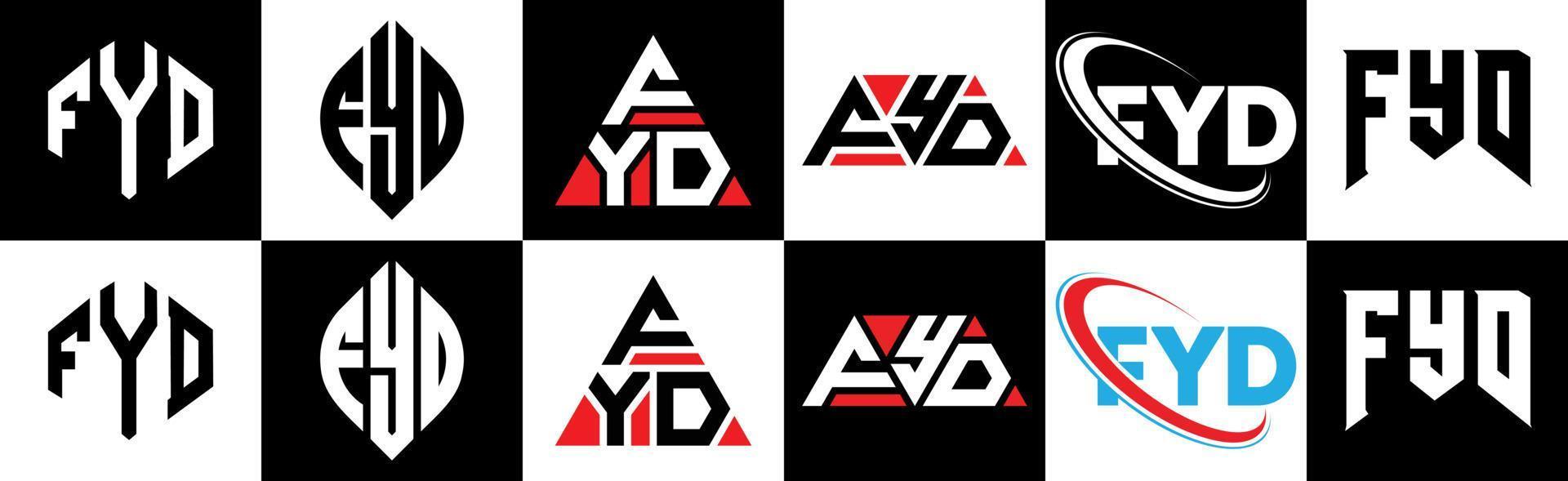 fyd brief logo ontwerp in zes stijl. fyd veelhoek, cirkel, driehoek, zeshoek, vlak en gemakkelijk stijl met zwart en wit kleur variatie brief logo reeks in een tekengebied. fyd minimalistische en klassiek logo vector