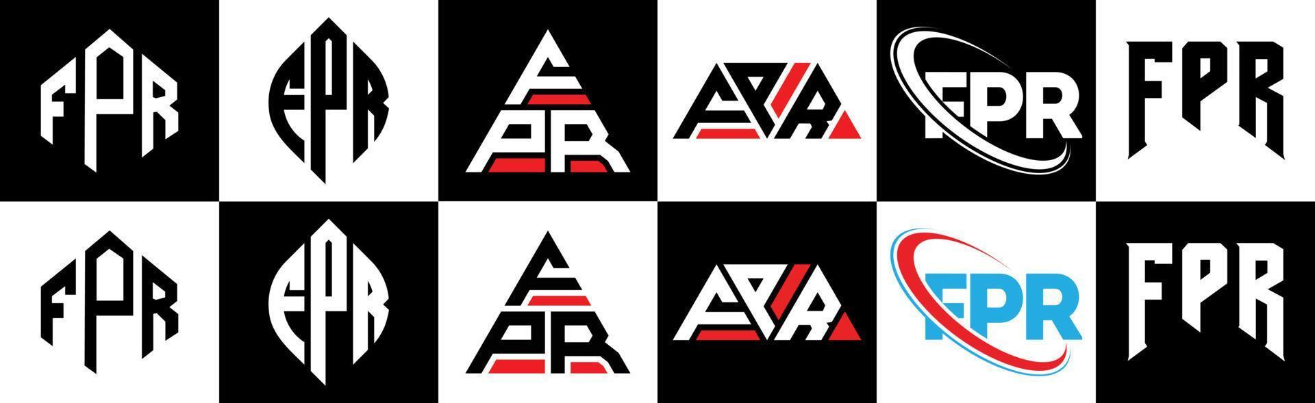 fpr brief logo ontwerp in zes stijl. fpr veelhoek, cirkel, driehoek, zeshoek, vlak en gemakkelijk stijl met zwart en wit kleur variatie brief logo reeks in een tekengebied. fpr minimalistische en klassiek logo vector