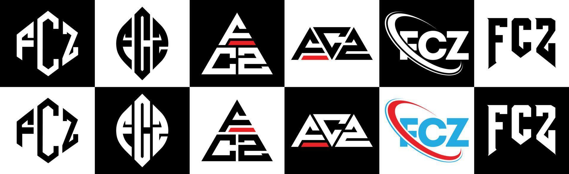 fcz brief logo ontwerp in zes stijl. fcz veelhoek, cirkel, driehoek, zeshoek, vlak en gemakkelijk stijl met zwart en wit kleur variatie brief logo reeks in een tekengebied. fcz minimalistische en klassiek logo vector