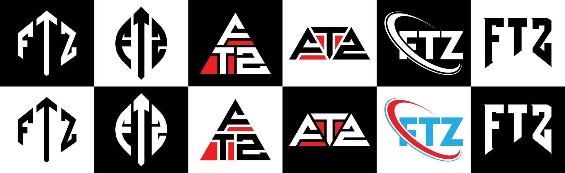 ftz brief logo ontwerp in zes stijl. ftz veelhoek, cirkel, driehoek, zeshoek, vlak en gemakkelijk stijl met zwart en wit kleur variatie brief logo reeks in een tekengebied. ftz minimalistische en klassiek logo vector