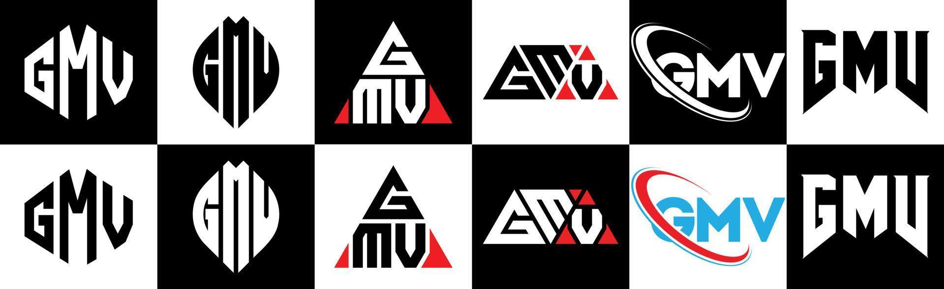 gmv brief logo ontwerp in zes stijl. gmv veelhoek, cirkel, driehoek, zeshoek, vlak en gemakkelijk stijl met zwart en wit kleur variatie brief logo reeks in een tekengebied. gmv minimalistische en klassiek logo vector