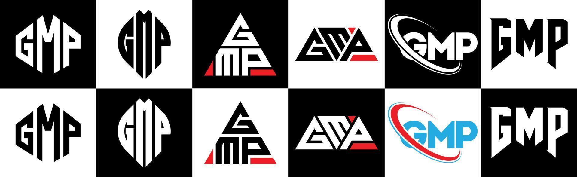 gmp brief logo ontwerp in zes stijl. gmp veelhoek, cirkel, driehoek, zeshoek, vlak en gemakkelijk stijl met zwart en wit kleur variatie brief logo reeks in een tekengebied. gmp minimalistische en klassiek logo vector