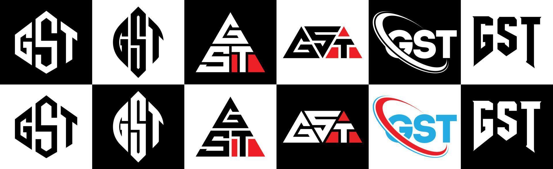 gst brief logo ontwerp in zes stijl. gst veelhoek, cirkel, driehoek, zeshoek, vlak en gemakkelijk stijl met zwart en wit kleur variatie brief logo reeks in een tekengebied. gst minimalistische en klassiek logo vector