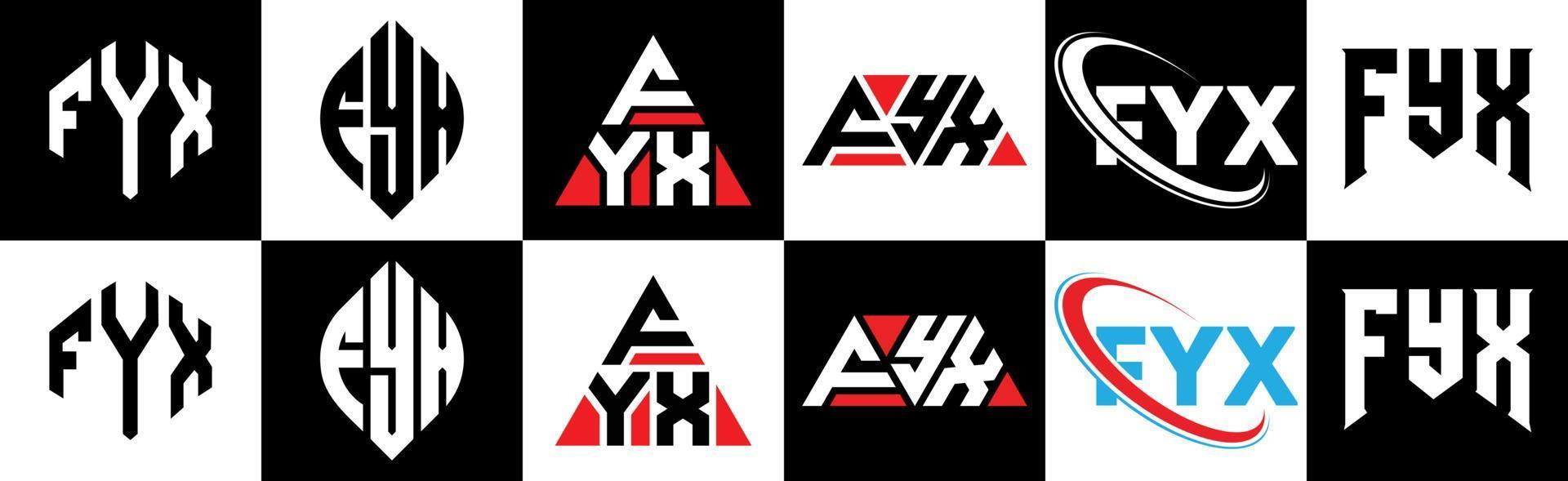 fyx brief logo ontwerp in zes stijl. fyx veelhoek, cirkel, driehoek, zeshoek, vlak en gemakkelijk stijl met zwart en wit kleur variatie brief logo reeks in een tekengebied. fyx minimalistische en klassiek logo vector