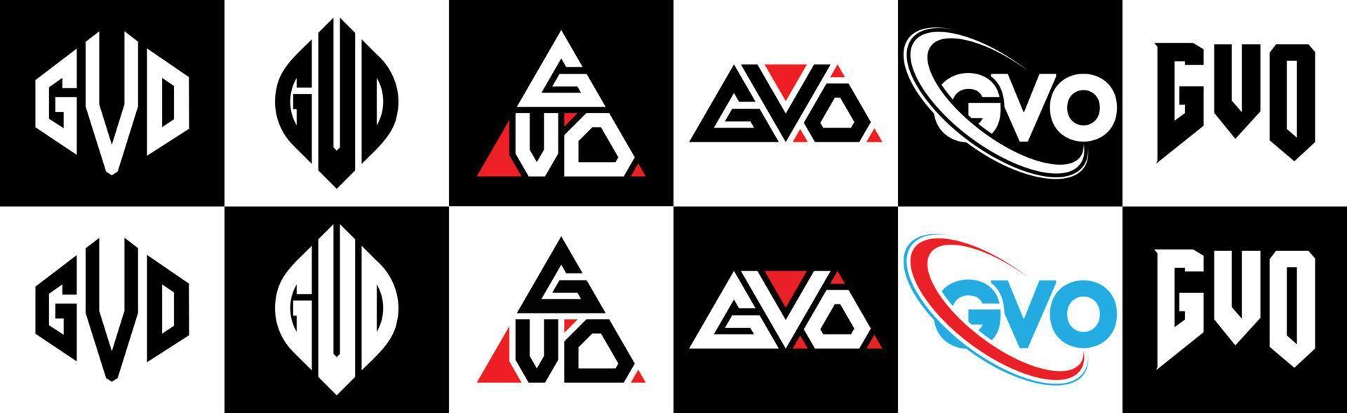 gvo brief logo ontwerp in zes stijl. gvo veelhoek, cirkel, driehoek, zeshoek, vlak en gemakkelijk stijl met zwart en wit kleur variatie brief logo reeks in een tekengebied. gvo minimalistische en klassiek logo vector