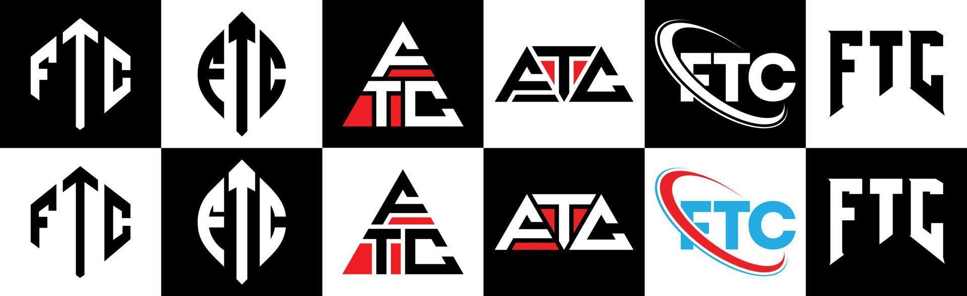 ftc brief logo ontwerp in zes stijl. ftc veelhoek, cirkel, driehoek, zeshoek, vlak en gemakkelijk stijl met zwart en wit kleur variatie brief logo reeks in een tekengebied. ftc minimalistische en klassiek logo vector