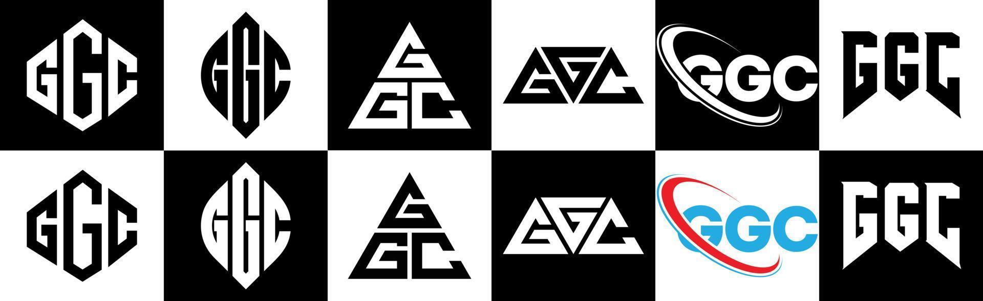ggc brief logo ontwerp in zes stijl. ggc veelhoek, cirkel, driehoek, zeshoek, vlak en gemakkelijk stijl met zwart en wit kleur variatie brief logo reeks in een tekengebied. ggc minimalistische en klassiek logo vector