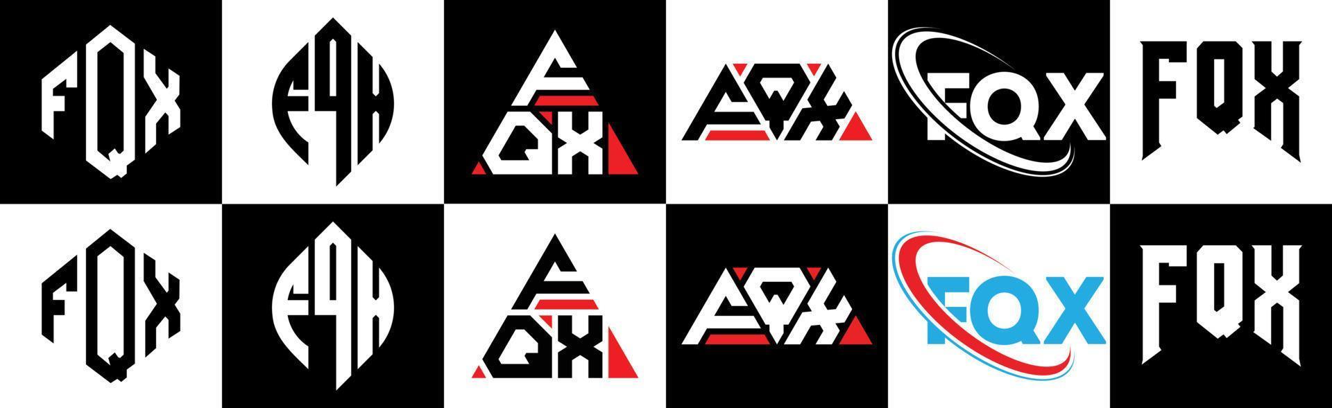 fqx brief logo ontwerp in zes stijl. fqx veelhoek, cirkel, driehoek, zeshoek, vlak en gemakkelijk stijl met zwart en wit kleur variatie brief logo reeks in een tekengebied. fqx minimalistische en klassiek logo vector