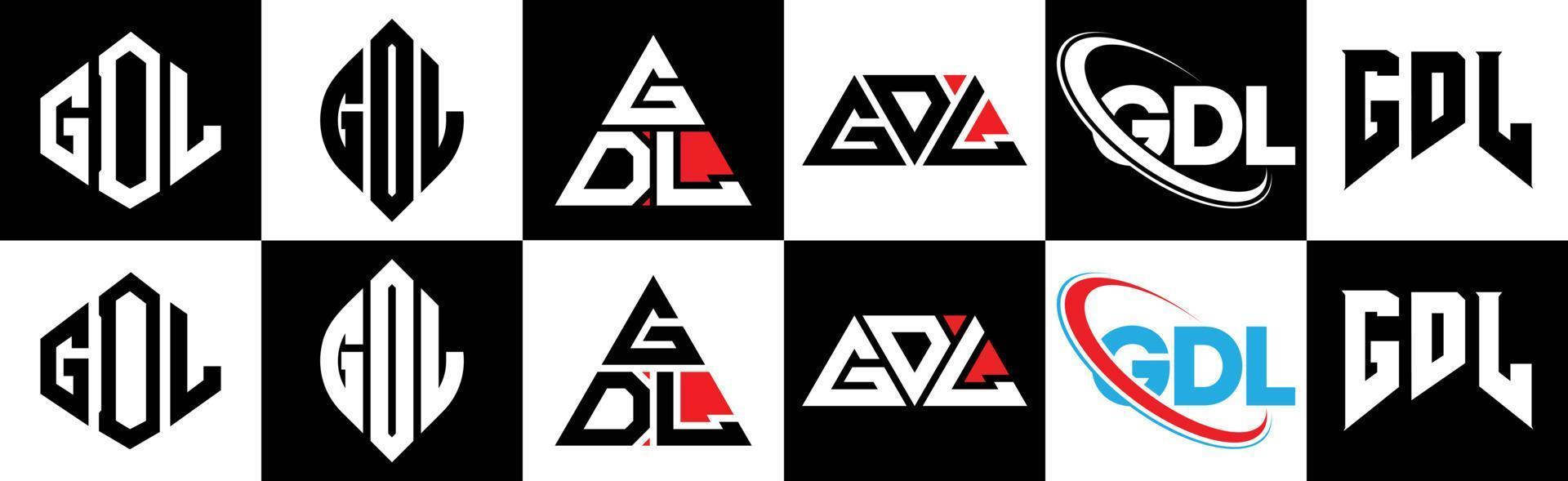 gdl brief logo ontwerp in zes stijl. gdl veelhoek, cirkel, driehoek, zeshoek, vlak en gemakkelijk stijl met zwart en wit kleur variatie brief logo reeks in een tekengebied. gdl minimalistische en klassiek logo vector