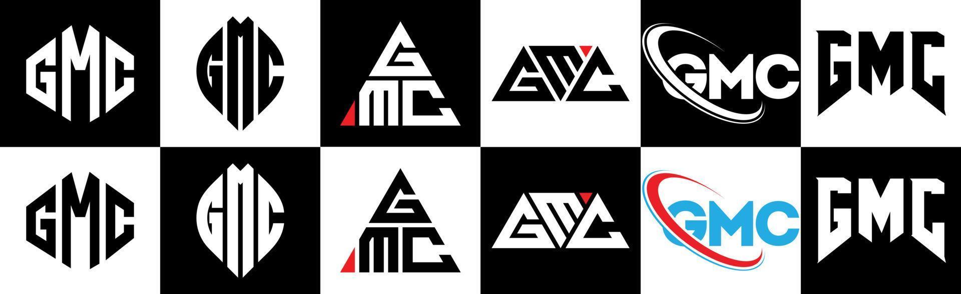 gmc brief logo ontwerp in zes stijl. gmc veelhoek, cirkel, driehoek, zeshoek, vlak en gemakkelijk stijl met zwart en wit kleur variatie brief logo reeks in een tekengebied. gmc minimalistische en klassiek logo vector