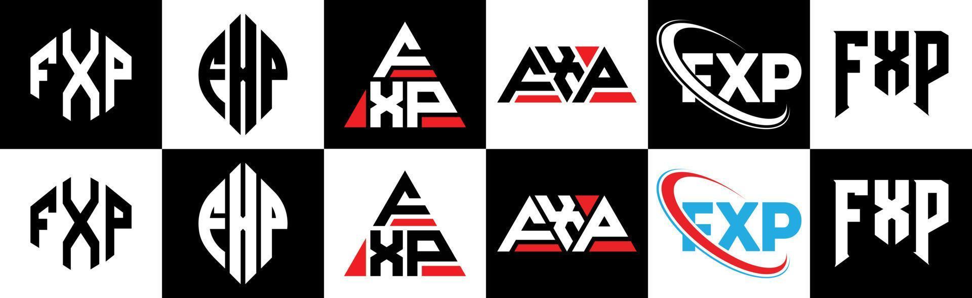 fxp brief logo ontwerp in zes stijl. fxp veelhoek, cirkel, driehoek, zeshoek, vlak en gemakkelijk stijl met zwart en wit kleur variatie brief logo reeks in een tekengebied. fxp minimalistische en klassiek logo vector